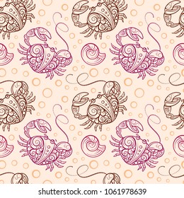 Undewater crabs and shells vector seamless pattern. Hand Drawn vector illustration.