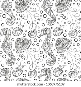 Undewater sea horse, jellyfish and shells vector seamless pattern. Hand Drawn vector illustration.