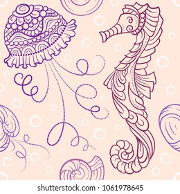 Undewater sea horse, jellyfish and shells vector seamless pattern. Hand Drawn vector illustration.