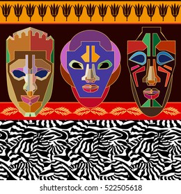 Undiscovered Africa. Ethnic border with stylized African tribal masks inspired by aboriginal Arts. Zebra seamless pattern, geometric ornaments, ritual motifs. Black, white, red.