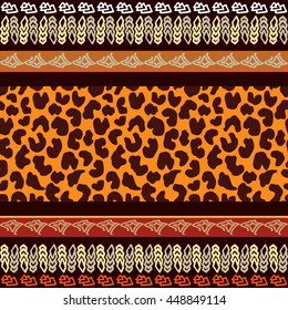 Undiscovered Africa. Seamless animal print border inspired by aboriginal Art. Ethnic textile collection. Leopard.