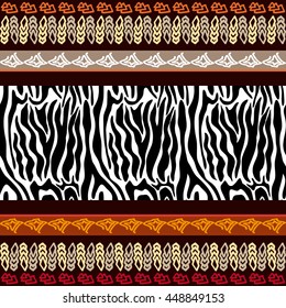 Undiscovered Africa. Seamless animal print border inspired by aboriginal Art. Ethnic textile collection. Zebra.
