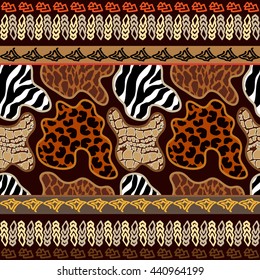 Undiscovered Africa. Seamless Ethnic Border. Animal Textures. Zebra, Leopard Spots, Geometric Ornaments. Ethnic-style Pattern. Inspired by Aboriginal Art. African Fashion. Ethno textile collection.