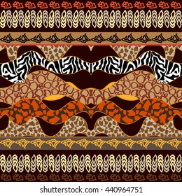 Undiscovered Africa. Seamless Ethnic Border. Animal Textures. Zebra, Leopard Prints, Geometric Ornaments. Ethnic-style Pattern. Inspired by Aboriginal Art. African Fashion. Ethno textile collection.