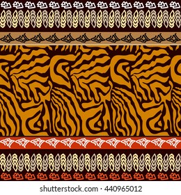 Undiscovered Africa. Seamless Ethnic Border. Animal Textures Set. Tiger Stripes, Geometric Ornaments. Ethnic-style Pattern. Inspired by Aboriginal Art. African Fashion. Ethno textile collection.