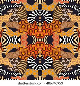 Undiscovered Africa. Seamless wavy vector pattern with animal prints. Tiger and zebra stripes, leopard spots, giraffe skin, snake. Safari textile collection.