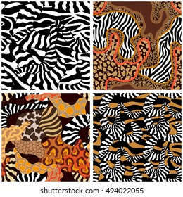 Undiscovered Africa. Set of seamless vector patterns with animal prints. Tiger and zebra stripes, leopard spots, giraffe skin, snake. Safari textile collection.