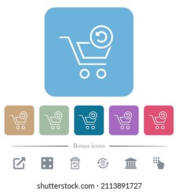 Undo cart operation outline white flat icons on color rounded square backgrounds. 6 bonus icons included