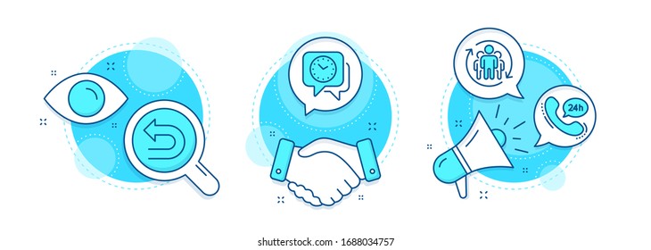 Undo, Clock and Teamwork line icons set. Handshake deal, research and promotion complex icons. 24h service sign. Left turn, Time, Employees change. Call support. Technology set. Vector