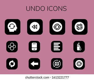 undo icon set. 12 filled undo icons. Included Refresh, Sync, Backward, Eraser, Back, Loop, Left alignment, Arrow icons