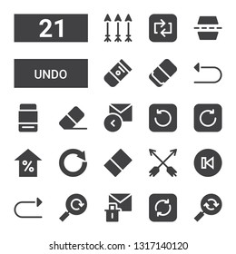 undo icon set. Collection of 21 filled undo icons included Reload, Refresh, Erase, Redo, Back, Arrows, Eraser, Circular arrow, Arrow, Reply, Undo, Flip, Repeat