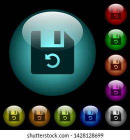 Undo last file operation icons in color illuminated spherical glass buttons on black background. Can be used to black or dark templates