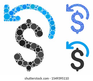 Undo payment mosaic of small circles in variable sizes and color tinges, based on undo payment icon. Vector small circles are grouped into blue composition.