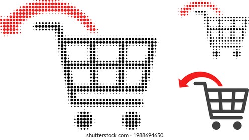 Undo shopping order halftone dotted icon. Halftone pattern contains round dots. Vector illustration of undo shopping order icon on a white background.