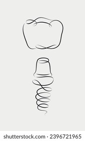 Undocked implant and dental crown in linear style drawing on white background
