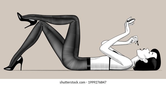 Undressed woman half-face lying on her back paints lips in black underwear and dark pantyhose and high-heeled glossy shoes. Fashion concept. Vintage 
engraving stylized drawing. Vector illustration 