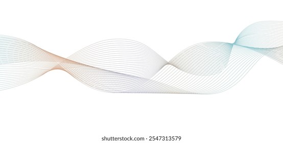 Mehrfarbige Farbverlauf-Linien mit Überblendungseffekt. Twisted Ribbon Hintergrund, Frequenz-Schallwellenlinie , Technologie geometrische Daten Wissenschaft Illustration. Vereinzelter Wellenwirbel auf grauem Hintergrund.