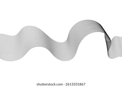 Undulate gray wave swirl. frequency soundwave; twisted curve lines with blend effect. Technology, data science, geometric border pattern.Isolated on white background. Vector illustration