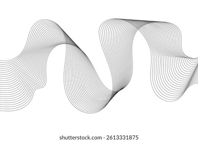 Undulate gray wave swirl. frequency soundwave; twisted curve lines with blend effect. Technology, data science, geometric border pattern.Isolated on white background. Vector illustration