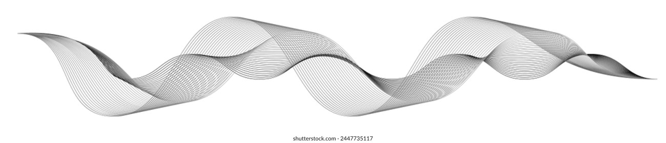 Undulate gray wave swirl swoosh. Soundwavefrequency, dynamic twisted lines, Grey smooth flow, isiolated design element on white background