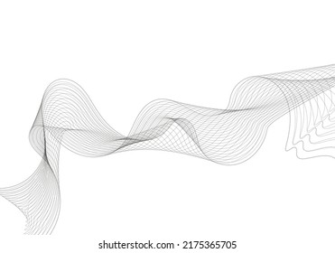 Grauer Wellenwirl, Frequenzschallwelle, verdrehte Kurvenlinien mit Mischeffekt. Technik, Datenwissenschaft, geometrisches Grenzmuster. Einzeln auf weißem Hintergrund. Vektorgrafik.