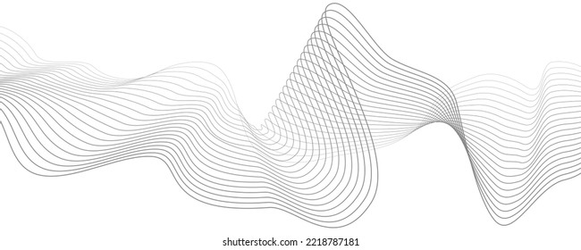 Grauer Wellenwirl, Frequenzschallwelle, verdrehte Kurvenlinien mit Mischeffekt. Technik, Datenwissenschaft, geometrisches Grenzmuster. Einzeln auf weißem Hintergrund. Vektorgrafik.