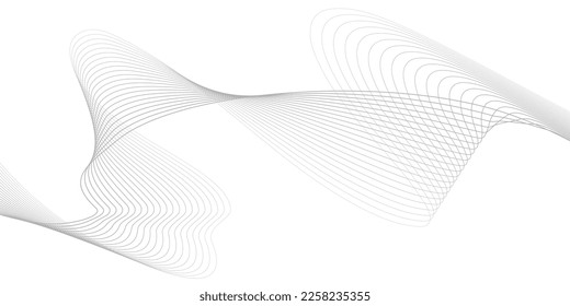 Undulate Grey Wave Swirl, frequency sound wave, twisted curve lines with blend effect. Technology, data science, geometric border pattern. Isolated on white background. Vector illustration.