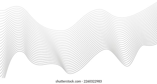 Grauer Wellenwirl, Frequenzschallwelle, verdrehte Kurvenlinien mit Mischeffekt. Technik, Datenwissenschaft, geometrische Grenzen. Einzeln auf weißem Hintergrund. Vektorgrafik.