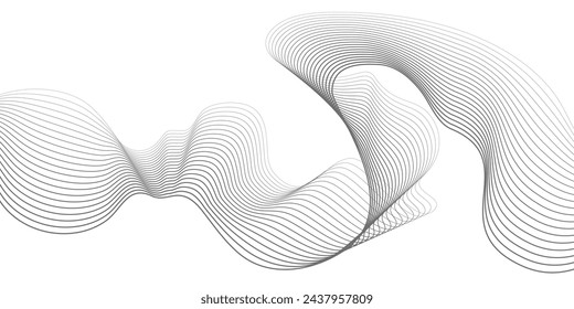 Ondulación Grey Wave Swirl, onda de sonido de frecuencia, líneas de curva retorcidas con efecto de mezcla. Tecnología, ciencia de datos, frontera geométrica. Aislado sobre fondo blanco. Ilustración vectorial.