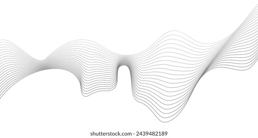 Undulate Grey Wave Swirl, frequency sound wave, twisted curve lines with blend effect. Technology, data science, geometric border. Isolated on white background. Vector illustration.
