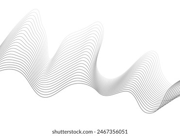 Undulate Grey Wave Swirl, frequency sound wave, twisted curve lines with blend effect. Technology, data science, geometric border. Isolated on white background. Vector illustration.