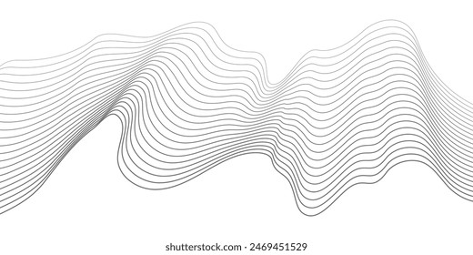 Ondulación Grey Wave Swirl, onda de sonido de frecuencia, líneas de curva retorcidas con efecto de mezcla. Tecnología, ciencia de datos, frontera geométrica. Aislado sobre fondo blanco. Ilustración vectorial.