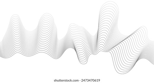 Undulate Grey Wave Swirl, frequency sound wave, twisted curve lines with blend effect. Technology, data science, geometric border. Isolated on white background. Vector illustration.