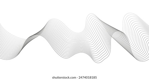 Undulate Grey Wave Swirl, frequency sound wave, twisted curve lines with blend effect. Technology, data science, geometric border. Isolated on white background. Vector illustration.