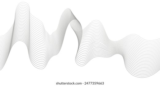 Undulate Grey Wave Swirl, frequency sound wave, twisted curve lines with blend effect. Technology, data science, geometric border. Isolated on white background. Vector illustration.