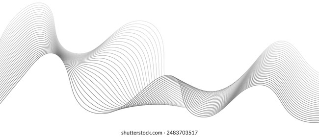 Undulate Grey Wave Swirl, frequency sound wave, twisted curve lines with blend effect. Technology, data science, geometric border. Isolated on white background. Vector illustration.