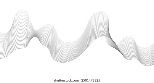 Undulate Grey Wave Swirl, frequency sound wave, twisted curve lines with blend effect. Technology, data science, geometric border. Isolated on white background. Vector illustration.