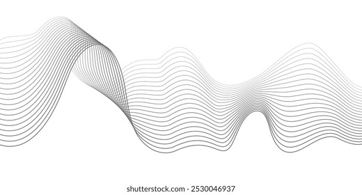 Undulate Grey Wave Swirl, frequency sound wave, twisted curve lines with blend effect. Technology, data science, geometric border. Isolated on white background. Vector illustration.