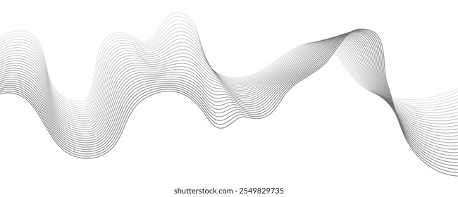 Onda Cinza Ondulada Redemoinho, onda sonora de frequência, linhas de curva torcidas com efeito de mistura. Tecnologia, ciência de dados, fronteira geométrica. Isolado no fundo branco. Ilustração vetorial.