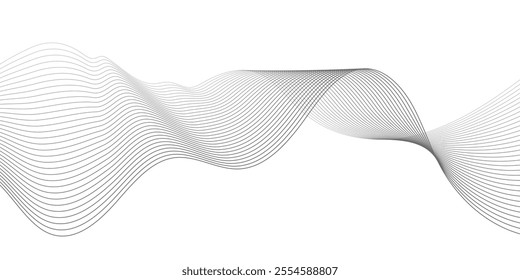 Undulate Grey Wave Swirl, frequency sound wave, twisted curve lines with blend effect. Technology, data science, geometric border. Isolated on white background. Vector illustration.