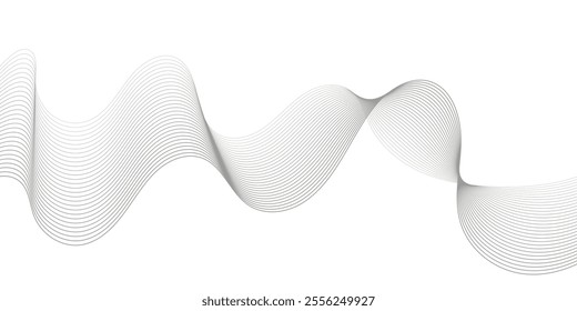 Undulate Grey Wave Swirl, frequency sound wave, twisted curve lines with blend effect. Technology, data science, geometric border. Isolated on white background. Vector illustration.