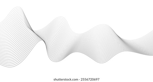 Undulate Grey Wave Swirl, frequency sound wave, twisted curve lines with blend effect. Technology, data science, geometric border. Isolated on white background. Vector illustration.