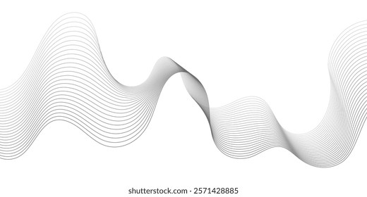 Undulate Grey Wave Swirl, frequency sound wave, twisted curve lines with blend effect. Technology, data science, geometric border. Isolated on white background. Vector illustration.