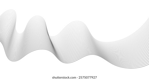 Undulate Grey Wave Swirl, frequency sound wave, twisted curve lines with blend effect. Technology, data science, geometric border. Isolated on white background. Vector illustration.