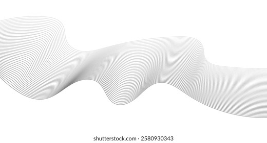 Undulate Grey Wave Swirl, frequency sound wave, twisted curve lines with blend effect. Technology, data science, geometric border. Isolated on white background. Vector illustration.