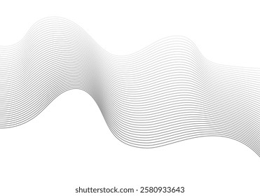 Undulate Grey Wave Swirl, frequency sound wave, twisted curve lines with blend effect. Technology, data science, geometric border. Isolated on white background. Vector illustration.