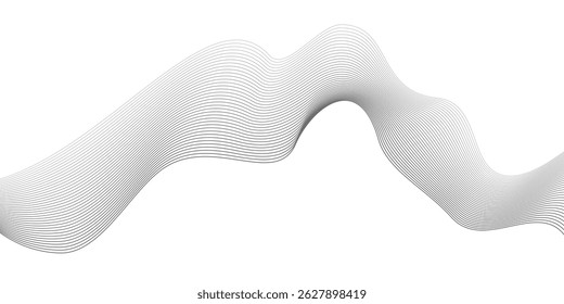 Undulate Grey Wave Swirl, frequency sound wave, twisted curve lines with blend effect. Technology, data science, geometric border. Isolated on white background. Vector illustration.