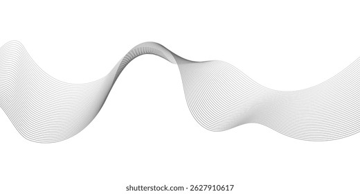 Undulate Grey Wave Swirl, frequency sound wave, twisted curve lines with blend effect. Technology, data science, geometric border. Isolated on white background. Vector illustration.