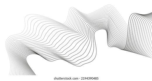 Undulate Grey Wave Swirl, Frequency Sound Wave, Twisted Curve Lines with Blend Effect. Technology, Data Science, Geometric Border Pattern. Isolated on White Background. Vector Illustration.