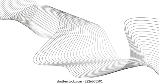 Giro ondulado de ondas grises, onda de sonido de frecuencia, líneas de curvas inclinadas con efecto de mezcla. Tecnología, Ciencia de datos, Patrón de borde geométrico. Aislado en fondo transparente. Ilustración vectorial.